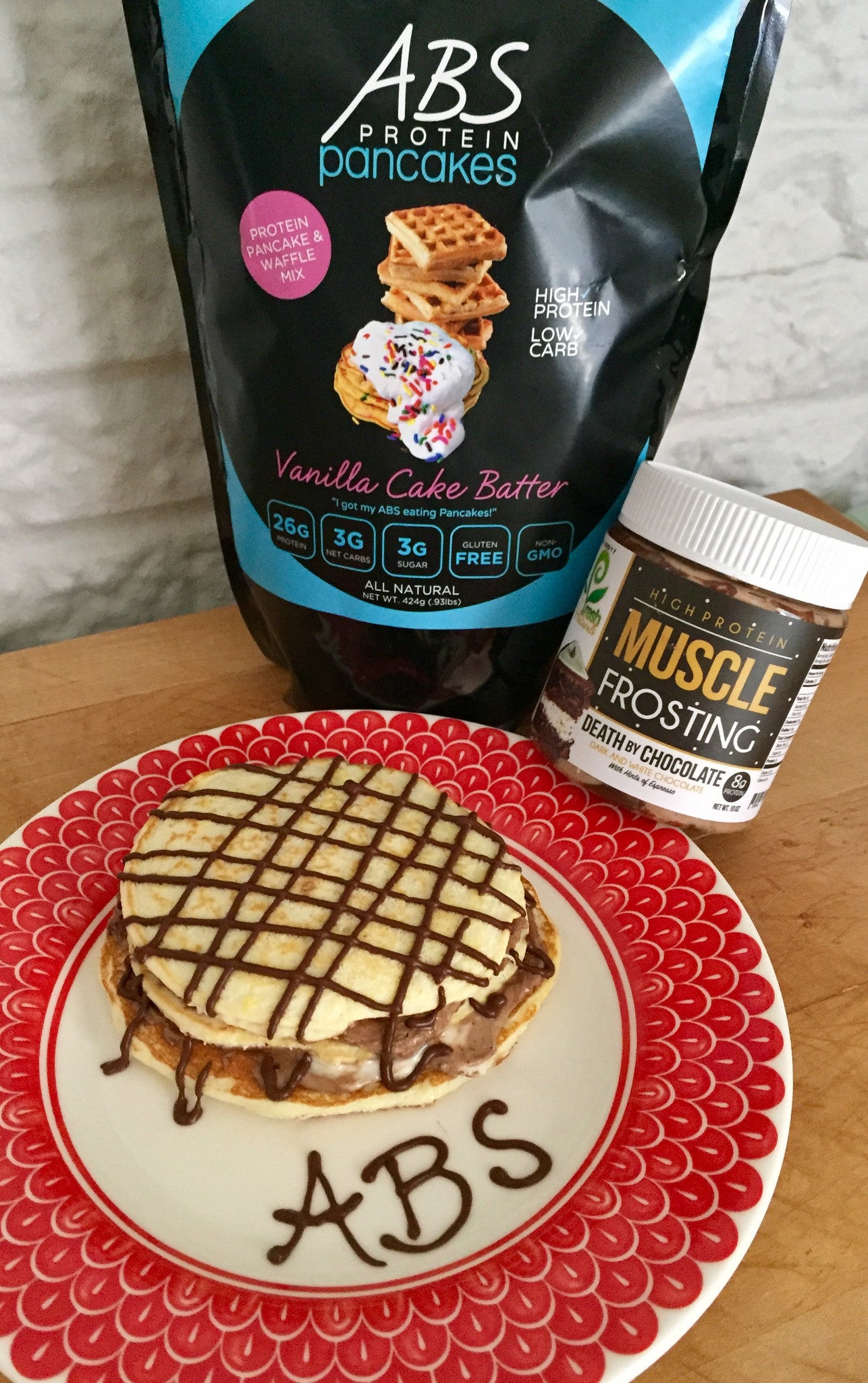 ABS Vanilla Cake Batter Pancakes with Death by Chocolate Muscle Frosting